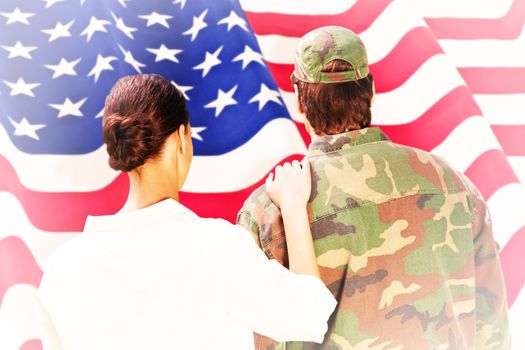 Army wife reunited with husband against rippled us flag