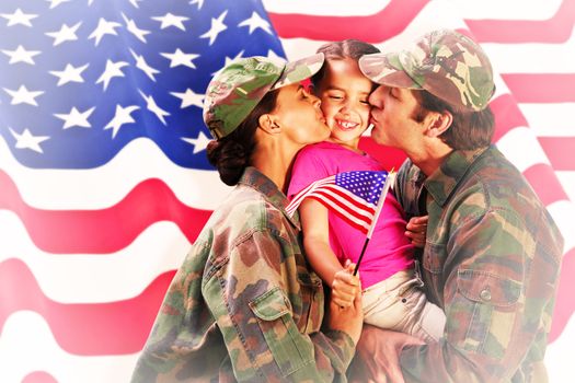 Soliders reunited with children against rippled us flag