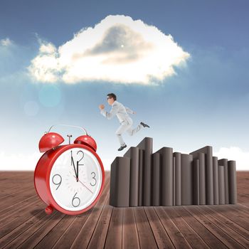 Geeky happy businessman running mid air against cloudy sky background