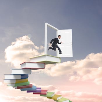Geeky young businessman running mid air against blue sky with white clouds