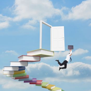Smiling businessman leaping while briefcase against blue sky with white clouds