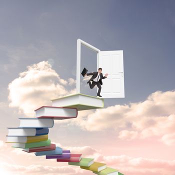 Smiling businessman in a hurry against blue sky with white clouds