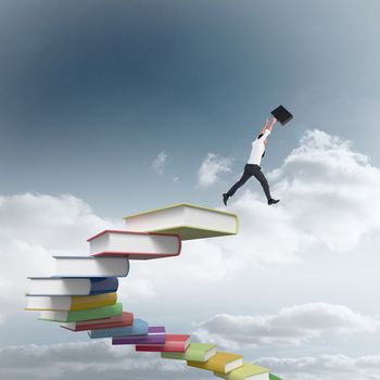 Businessman leaping with his briefcase against cloudy sky background