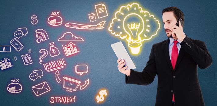 Businessman talking on phone holding tablet pc against blue background