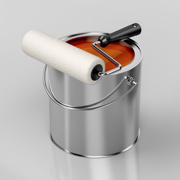 Paint roller and metal can with orange paint