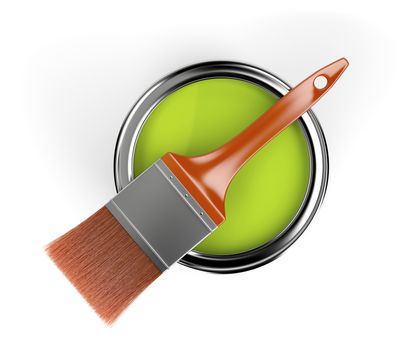 Orange paintbrush and paint can with green color, top view 