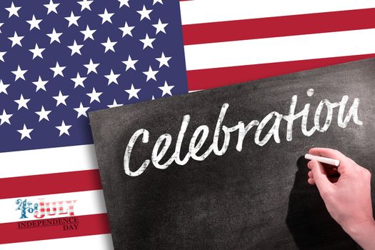 Independence day graphic against man drawing on chalkboard