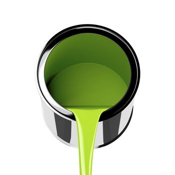 Pouring green paint from its can