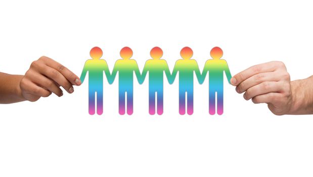 community, unity and teamwork concept - multiracial couple hands holding paper chain gay people