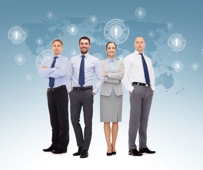 business, teamwork, connection and people concept - group of smiling businessmen over world map and contact icons background