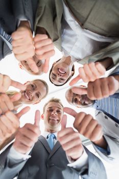 Business colleagues standing in circle and looking at camera in the office