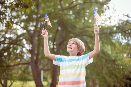 Young boy holding an american flag on a sunny day