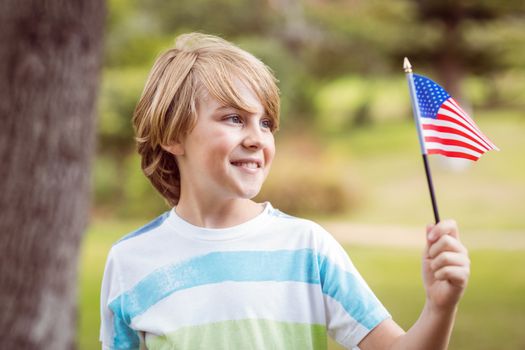 Young boy holding an american flag on a sunny day