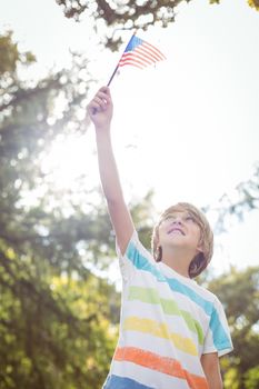 Young boy holding an american flag on a sunny day