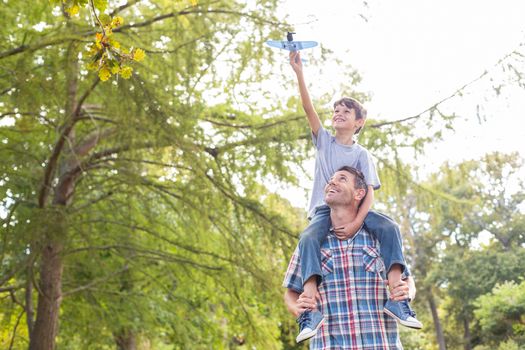 Father and son having fun in the park on a sunny day