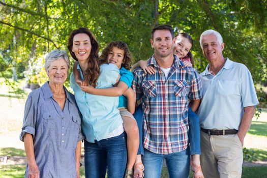 Extended family smiling in the park on a sunny day