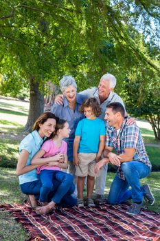 Extended family smiling in the park on a sunny day