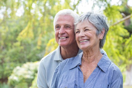 Happy old couple smiling in a park on a sunny day 