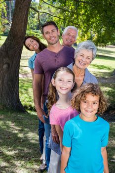 Extended family smiling in the park on a sunny day