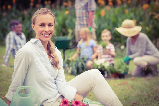 Happy family gardening on a sunny day