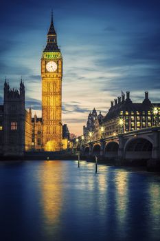 Famous Big Ben tower in London at sunset, UK.