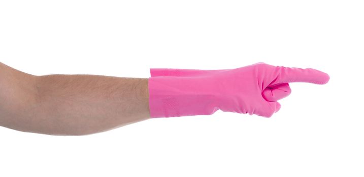 Hand in an cleaning glove making a directional sign on white background