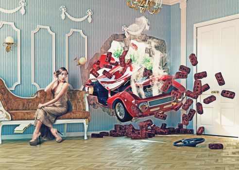 red car breaks the wall in luxurious interior with frightened woman. 3d creative concept