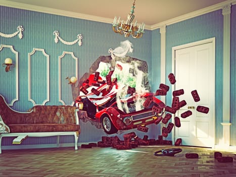 red car breaks the wall in luxurious interior. 3d creative concept