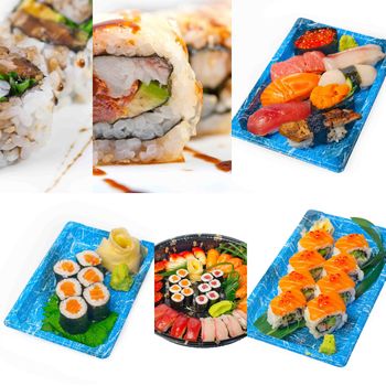 selection of many Japanese sushi dish collage over white frame 