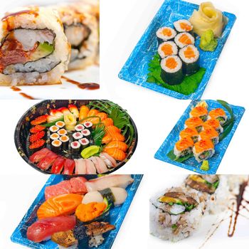 selection of many Japanese sushi dish collage over white frame 