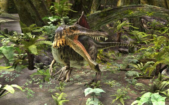 3D digital render of a dinosaur spinosaurus on a green forest background