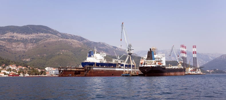   seaport on which mooring there are cargo ships. Montenegro