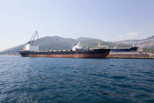   seaport on which mooring there are cargo ships. Montenegro