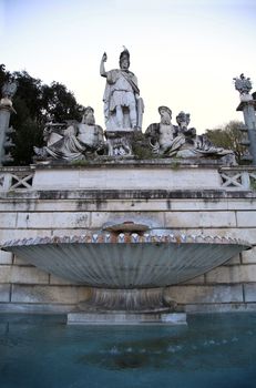 Fountain of  Dea di Roma with Tiber and Aniene, Piazza del Popolo in Roma, Italy ( photographed very early in the morning )