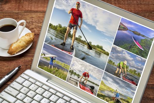 reviewing pictures of stand up paddling featuring a 60 year old  male on a laptop with a cup of coffee. All screen pictures copyright by the photographer with the same model (self).