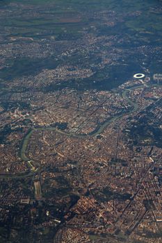 Aerial view of Rome, Italy from airplane window 