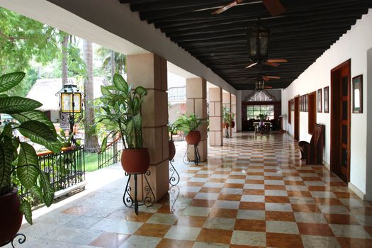 Open hallway to lobby in tropical resort