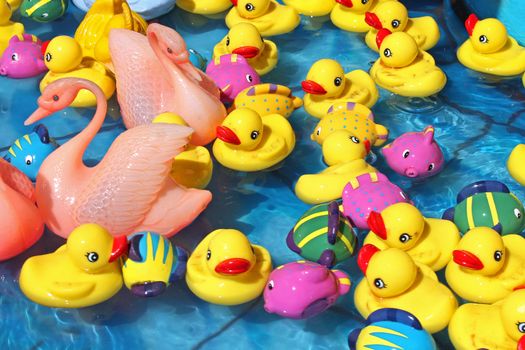 Various toy ducks in water