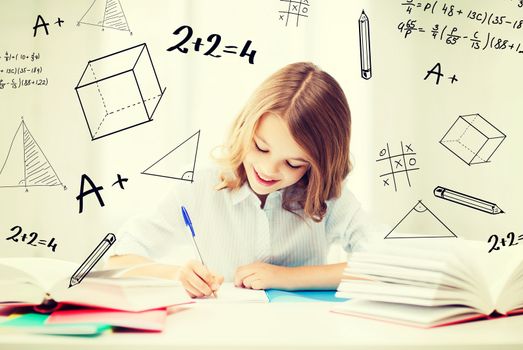 education and school concept - little student girl studying at school