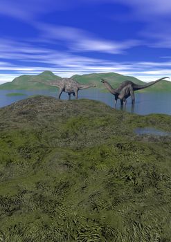 two argentinosaurus dinosaur in a lake