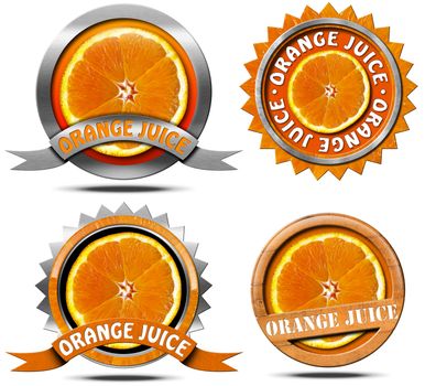Collection of four icons or symbol with a slice of orange fruit and text Orange juice. Isolated on white background