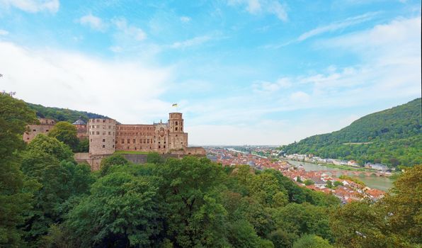 panoramic view of the castle in Heidelberg, Germany, with cityscape and the river Neckar