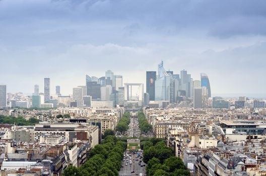 La Defense business area, La Grande Armee avenue. View from Arc de Triomphe. Paris, France