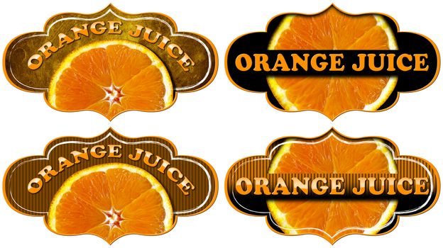 Collection of four labels with a slice of orange fruit and text Orange juice. Isolated on white background