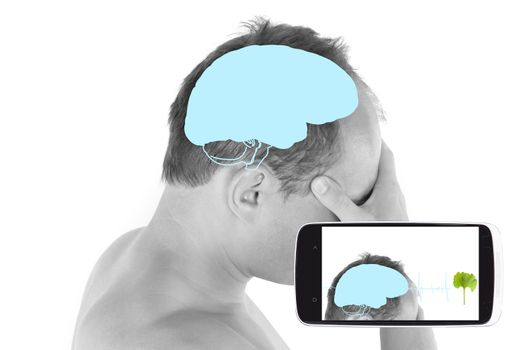 The future of medicine diagnostics. Diagnostics on your smartphone. Handsome guy touching head with brain illustration. 