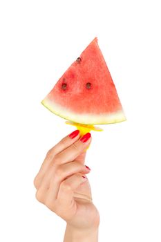 Sexy girl holding watermelon popsicle isolated on white background. Sexy summer healthy eating. 