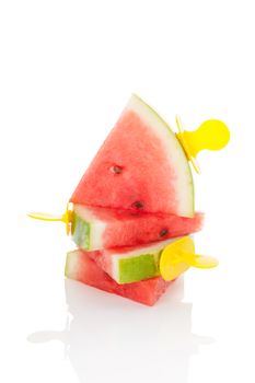 Watermelon popsicle isolated on white background. Healthy summer fruit eating. 