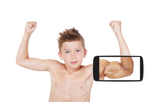 Vision of success. Charming boy showing muscle with future vision on smartphone screen. Seeing the future, self confidence and self perception.