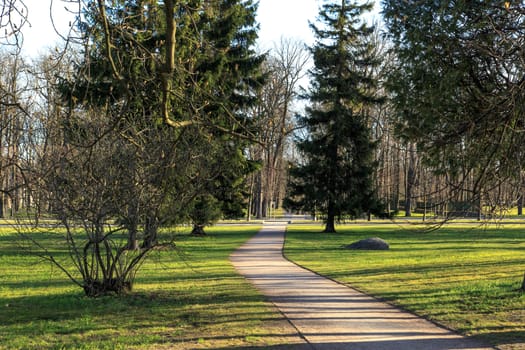 Front view of long pathway in meadow among trees in Kadriorg Park in Tallinn, Estonia.