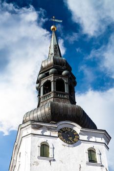 Close up detailed bottom view of the cathedral church of St Mary's located in Toompea Hill, in Tallinn, Estonia, on blue cloudy sky background.